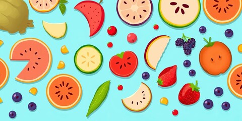 Vector illustration of a variety of cartoon-style sliced, whole, half, chopped, and sliced vegetables, fruits, and berries, products, vector