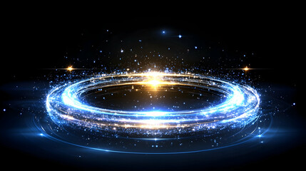 Obraz premium Glowing blue and gold neon ring with starry effect, light leak or lens flare, for overlay or background, isolated on black background