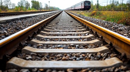 Fototapeta premium Railroad Tracks Leading To A Distant Train