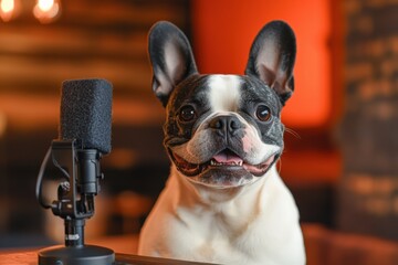 Charismatic French Bulldog co-hosts a podcast on dog grooming with personality and charm, bringing joy to the audience