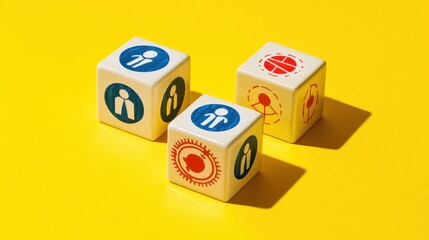 Three dice with icons on yellow.