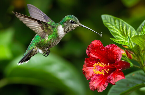 A vibrant hummingbird colibri near a flower in a tropical rainforest, capturing the beauty of nature and wildlife in action.