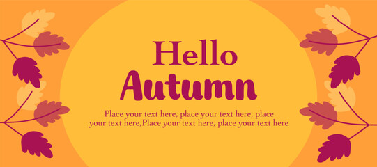 Autumn season greeting with fall leaves, plants and minimalist horizontal orange background for poster, invitation, card, flyer, cover, banner, social media, sale, advertising. Vector illustration