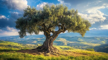 Obraz premium Solitary ancient olive tree stands tall on a hill under soft sunlight with a pristine blue sky and rolling green fields below, reflecting serenity and timelessness in natures beauty