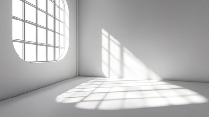 Obraz premium 3D rendering of an empty room with white walls and a window. Bright sunlight shines through the window, creating shadows on the floor.