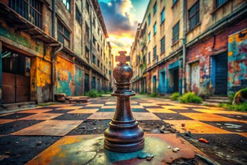 Naklejka premium Realistic 3D Render of a Chess Piece Set Against an Urban Exploration Background Featuring Vibrant Street Art and Abandoned Buildings for a Unique Contrast in Composition
