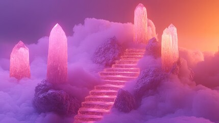 Stairway of translucent crystals rising into mysterious fog in a surreal landscape merging nature and cosmic elements