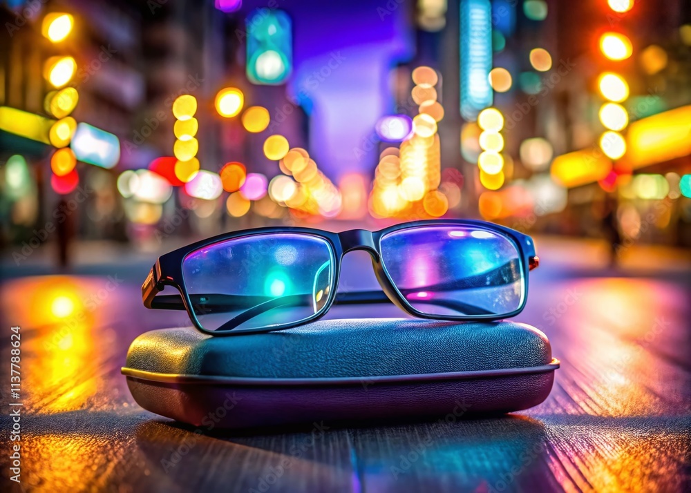 Poster realistic eyeglass case mockup for visual presentation in night photography setting with a stylish b