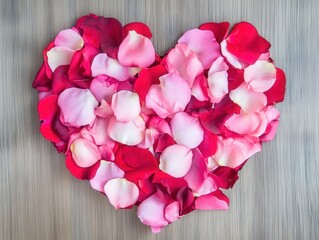 Obraz premium Heart shape made from pink and red rose petals, on rustic wooden background, soft natural lighting, overhead view, high-detail macro photography