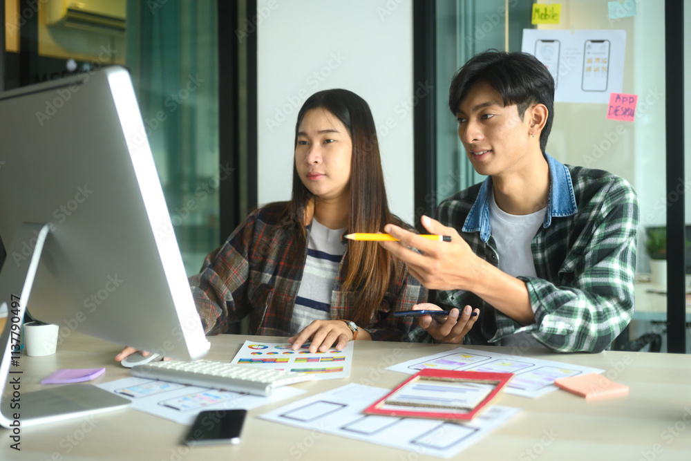 Poster creative team are brainstorming and strategic planning for app development or user interface design