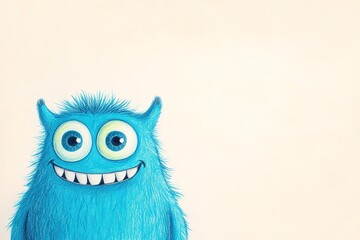 Fototapeta premium Blue furry monster with big eyes smiling, plenty of copy space