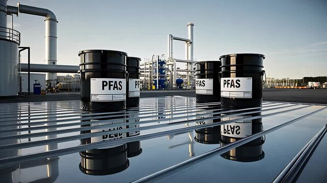 Black Industrial Barrels Labeled PFAS at a Chemical Plant with Reflections on Wet Ground

