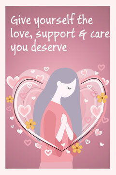 Self care card with girl in pink background illustration, minimalist, quote, self-love,self-care, poster design 