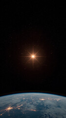 A breathtaking view of Earth from space, with a radiant star shining brightly above the planet, surrounded by a sea of stars.