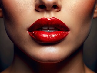 Obraz premium Red Lipstick Close Up Photography: Glamorous Matte & Shiny Lip Textures
