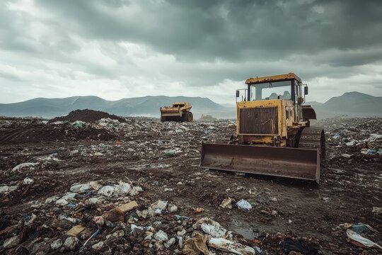 Vast landfill landscape filled with diverse waste and heavy machinery under an overcast sky - Powered by Adobe