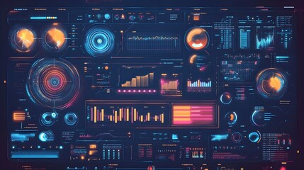 Obraz premium A high-tech interface featuring glowing HUD elements like graphs, radial dials, and floating text.