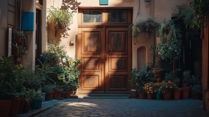 Obraz premium A wooden door with a window. The door is closed and the window is letting in sunlight. The door is surrounded by potted plants