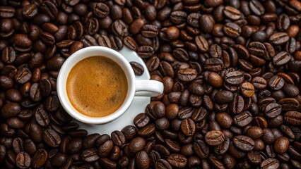 Fototapeta premium Espresso cup on a bed of coffee beans, a top-down shot of a single espresso cup sitting in the center of a dense pile of shiny coffee beans