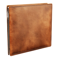 A sophisticated brown leather zippered portfolio binder stands vertically isolated on a clean transparent background for business materials.