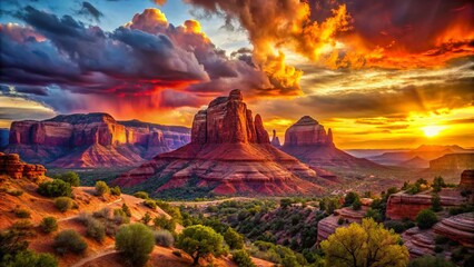 Fototapeta premium Red Rock Canyon Sunset Photography: Arizona Desert Landscape, Dramatic Sky, Vibrant Colors, Golden Hour, Southwest USA