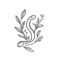 Fototapeta premium Line art illustration of a snake coiled around foliage.