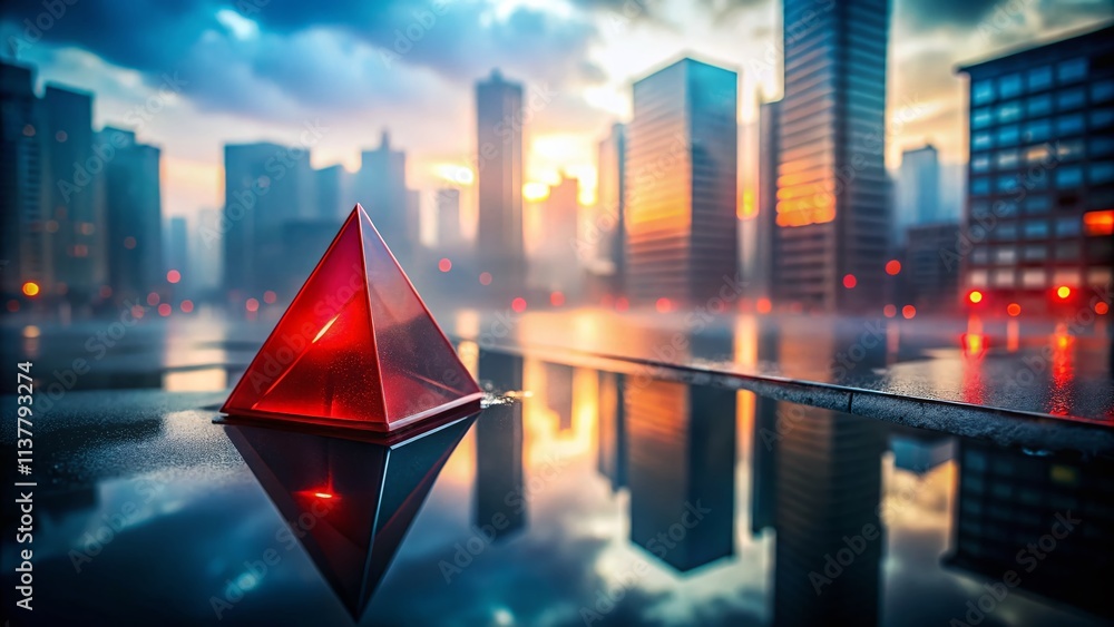 Aufkleber red triangular prism on reflective surface in a misty urban environment, showcasing geometric contra