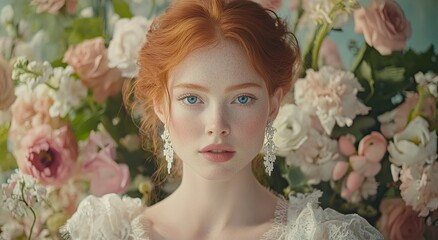 Naklejka premium an elegant woman with red hair and blue eyes in front of a bouquet of flowers. She is wearing white lace earrings and a vintage wedding dress