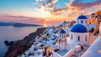Fototapeta premium Sunset over whitewashed buildings and blue-domed churches overlooking the serene sea, ideal for travel imagery.