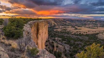 Obraz premium Cliffside sunset view with plains and dramatic sky.
