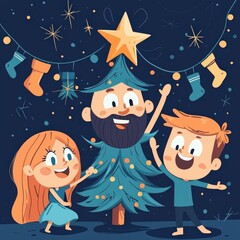Naklejka premium Joyful holiday celebration with kids and santa festive home digital art cozy atmosphere cheerful perspective