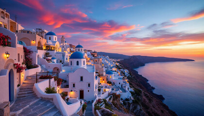 Naklejka premium Sunset over whitewashed buildings and blue-domed churches overlooking the serene sea, ideal for travel imagery.