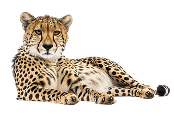 Fototapeta premium A resting cheetah with spotted fur is isolated on a clean transparent background, perfect for wildlife advertising.