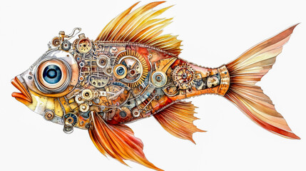 Fototapeta premium Steampunk-inspired fish illustration, featuring intricate mechanical details and vintage, industrial elements