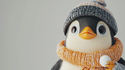 Penguin toy with hat and scarf holding snowball.