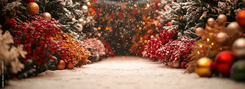 Poster a snowy path with a row of trees and a row of christmas decorations. the decorations include a varie