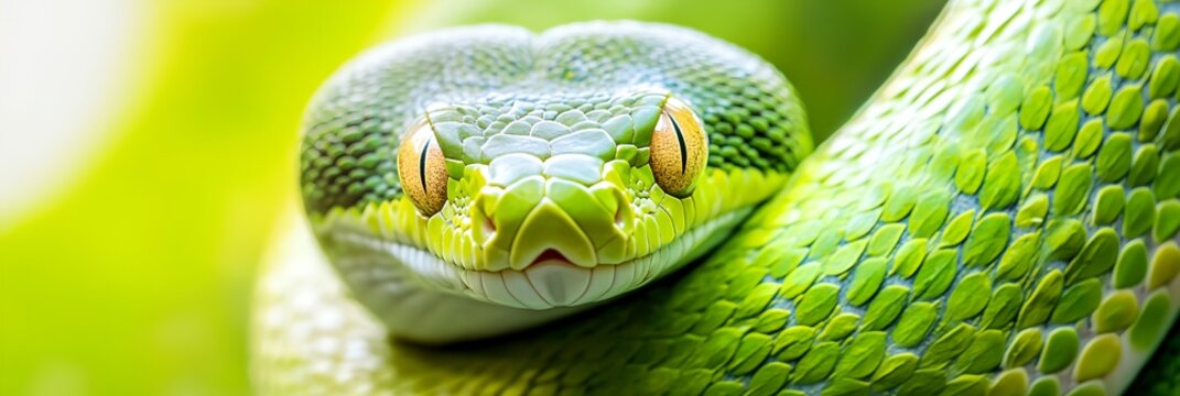 A green snake with yellow eyes is shown in the image