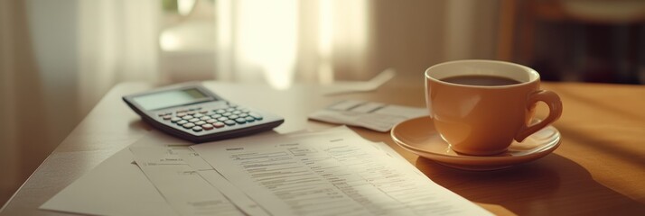 Financial papers, calculator, and coffee on a table with morning light.
