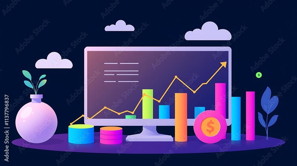 Poster upward trend: a vibrant and futuristic illustration showcasing a computer screen displaying an upwar