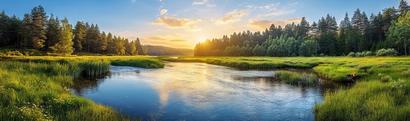 Fototapeta premium Panoramic summer river view with lush greenery and sunset reflections. AI generated illustration