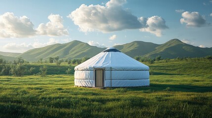 White yurt on grassy field with mountains background.