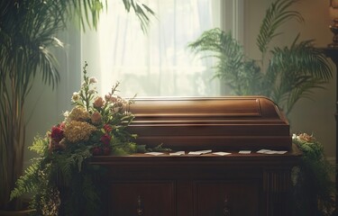 Wooden casket surrounded by flowers and envelopes in a funeral home. AI generated illustration