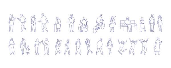 Line art people bundle. Crowd. Hand drawn People vector set. Male and female flat characters isolated on white background.