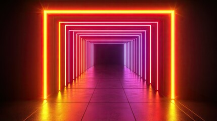 Fototapeta premium A glowing neon light tunnel with angular geometric patterns and pulsating red and yellow lights on a black backdrop