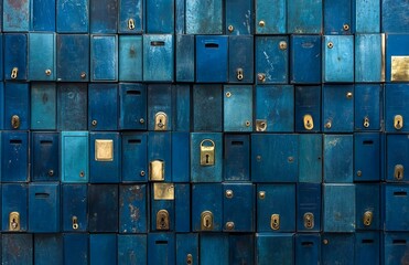 Blue high school lockers with brass locks, perfect for back-to-school themes. AI generated illustration