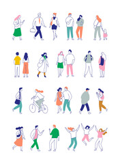 Crowd. Line art people vector bundle. Hand drawn People, male and female flat characters isolated on white background.