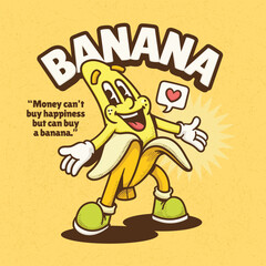 Banana Trendy Retro Cartoon Vector Hand Drawn 