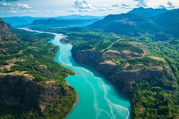 Obraz premium Aerial view of a turquoise river winding through rocky mountains in British Columbia. AI generated illustration