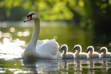 Obraz premium Swan and cygnets gliding through calm spring waters in a serene natural setting