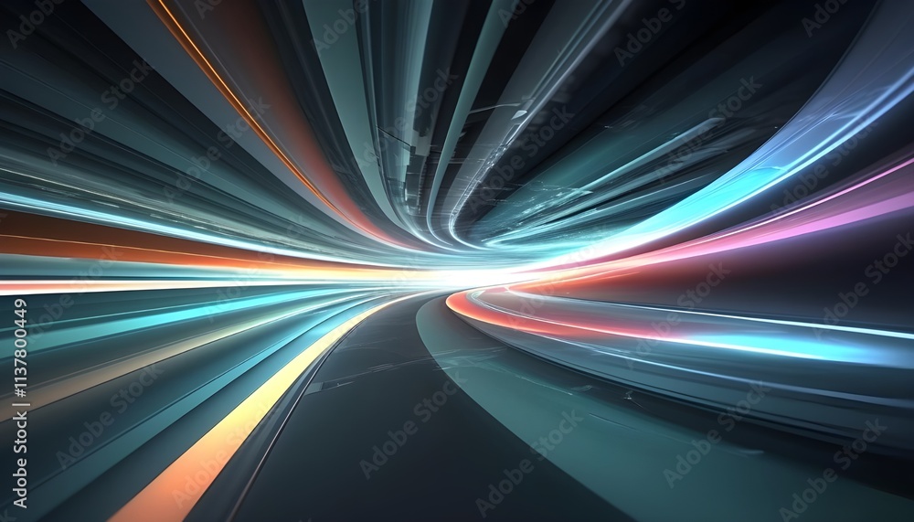 Poster abstract motion blur of a fast car speeding through a glowing tunnel with colorful light trails, cre